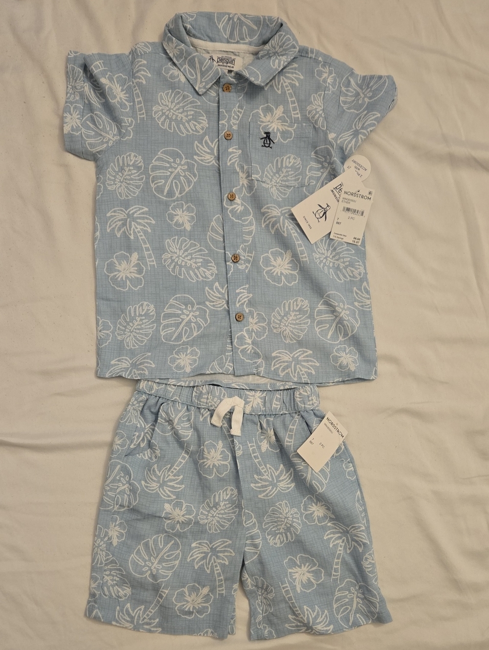 Nordstrom Light Blue & White Tropical Button-Front Kids Pajama Set
